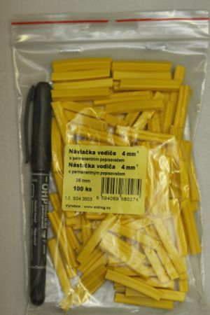 Návlačka vodiče průřezu 4mm2, včetně popisovače (žlutá), délka 35mm, 100 ks/balení